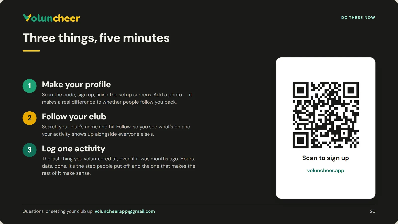 Slide 20 of 21: Three things, five minutes