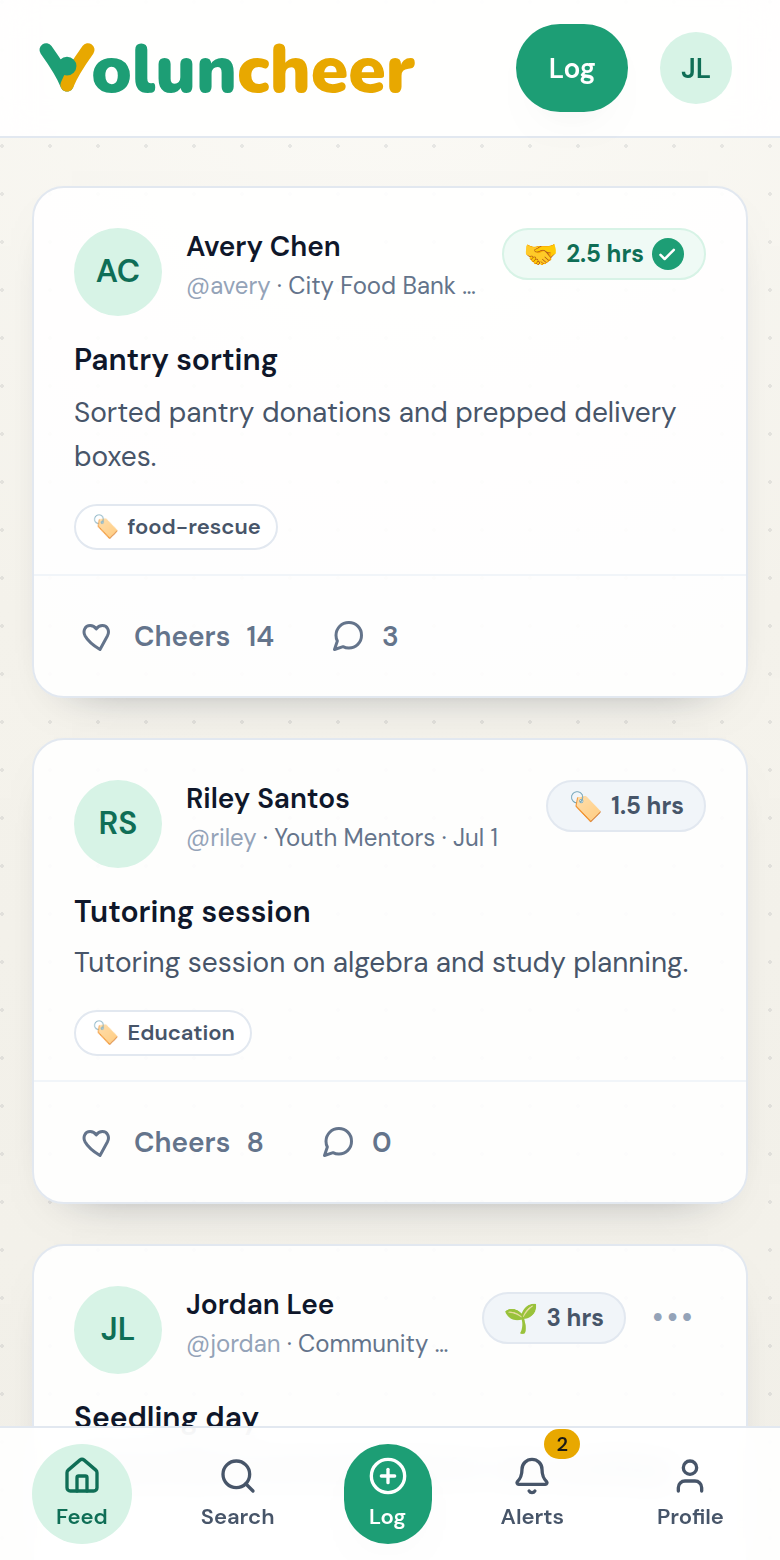 The Voluncheer app feed: friends' volunteering sessions with verified hours, cheers and comments